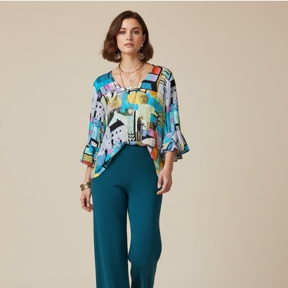 Simply Art by Dolcezza Abstract Landscape V-Neck Bell Sleeve Top S Art‎ to Wear